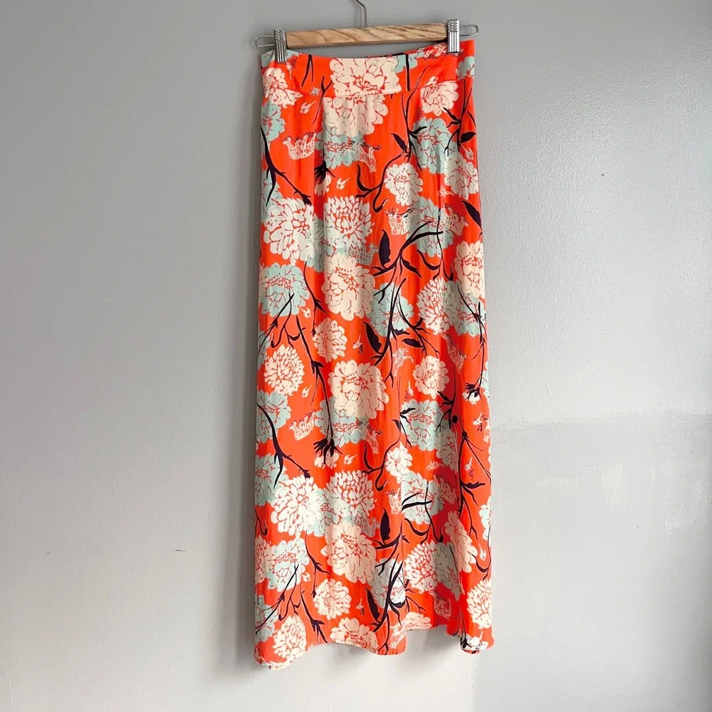 Free People‎ Sammy Button Down Maxi Skirt Orange White Front Slit Size 2